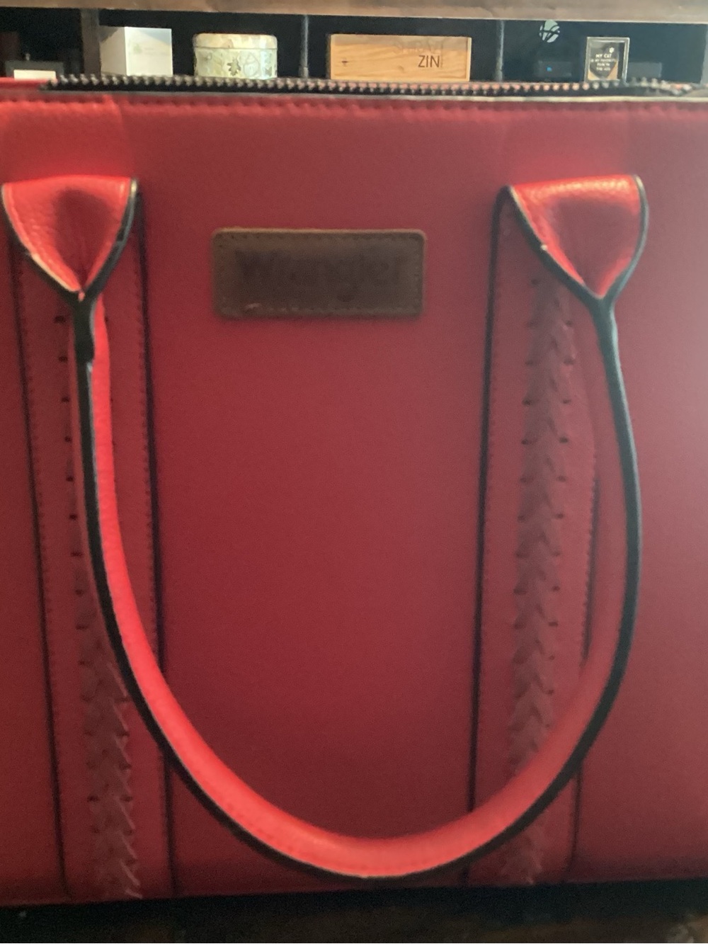 Wrangler Red Faux-Leather Tote with Braided Trim